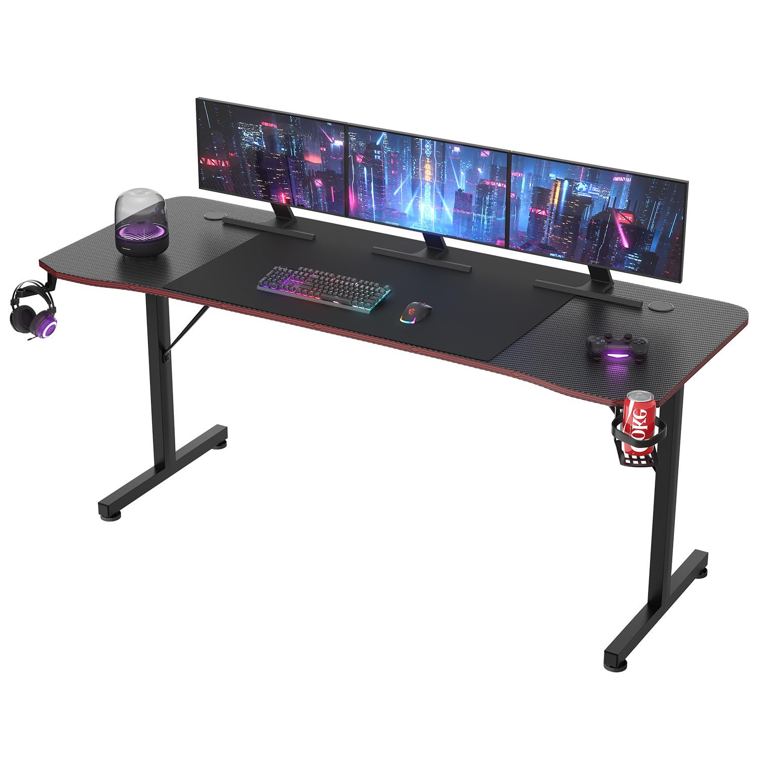 JUMMICO Gaming Tisch Groß, Ergonomischer Gamer-Tisch für PC-Spieler, Stabiler Computertisch mit Headsethaken und Getränk