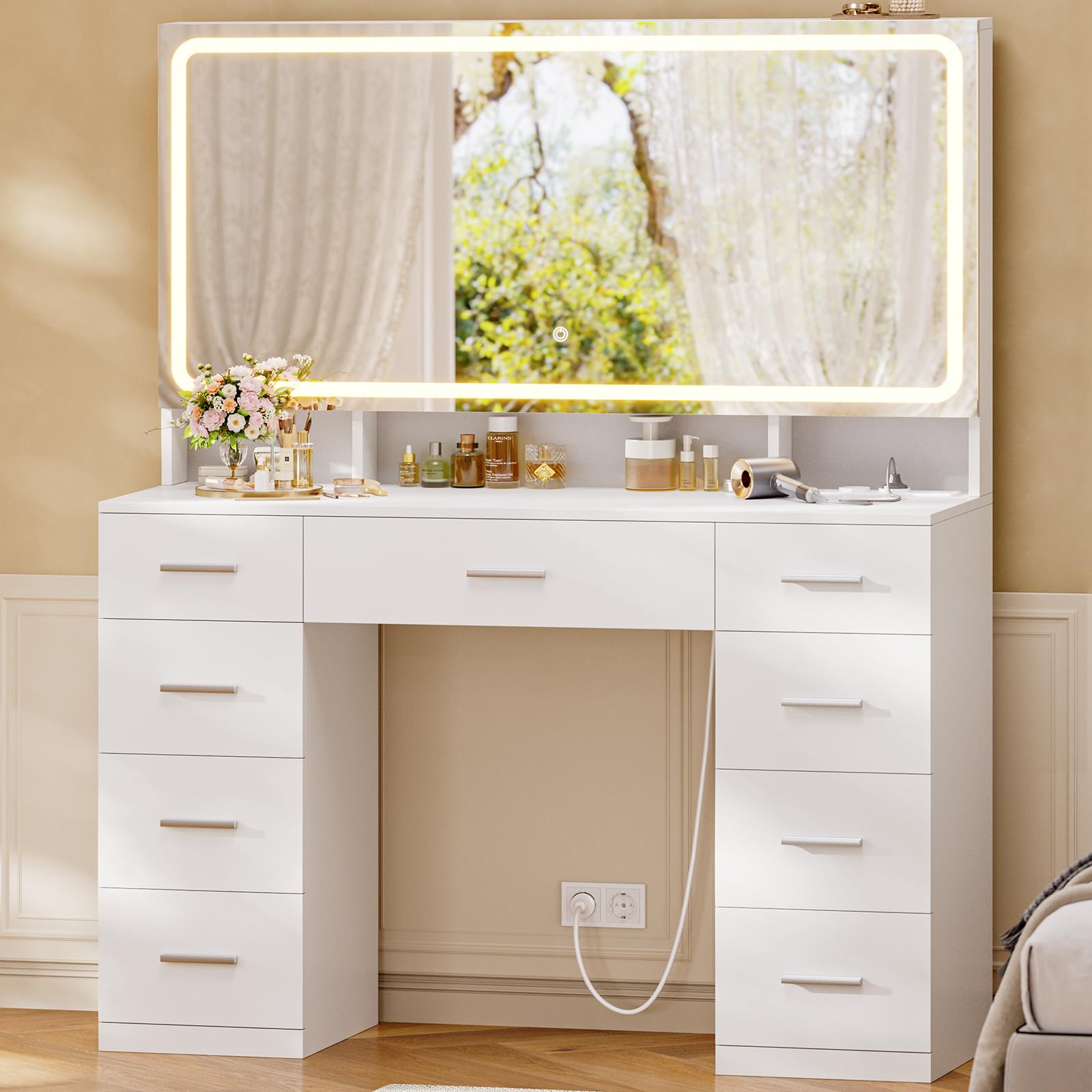 LED Schminktisch 105x53cm mit 9 Schubladen und großer Ablagefläche – Moderner Kosmetiktisch mit Beleuchtung und Ladestat