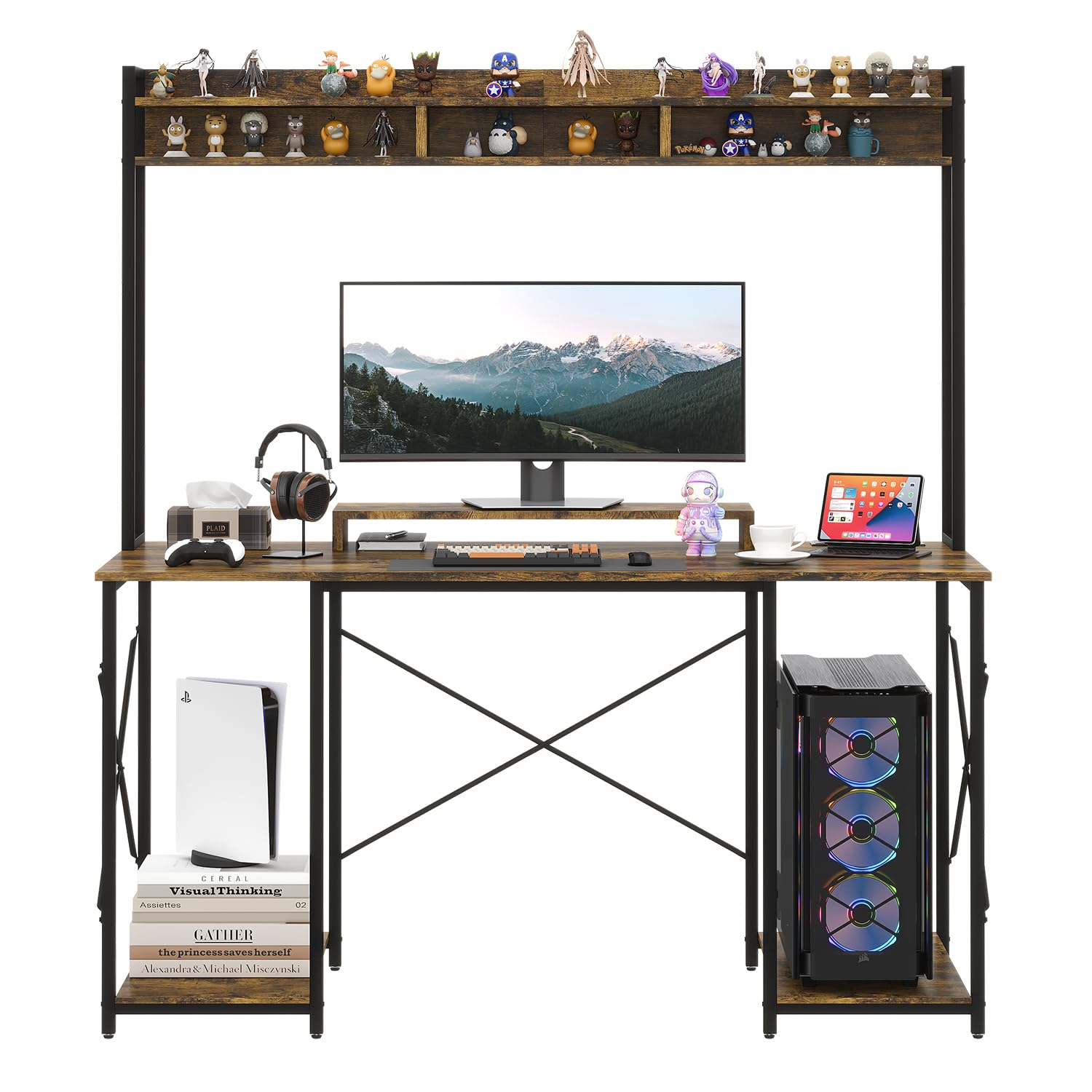 JUMMICO Gaming Tisch 120 x 60 cm mit Regal und Monitorständer für Homeoffice - Brauner Computertisch mit ergonomischem D