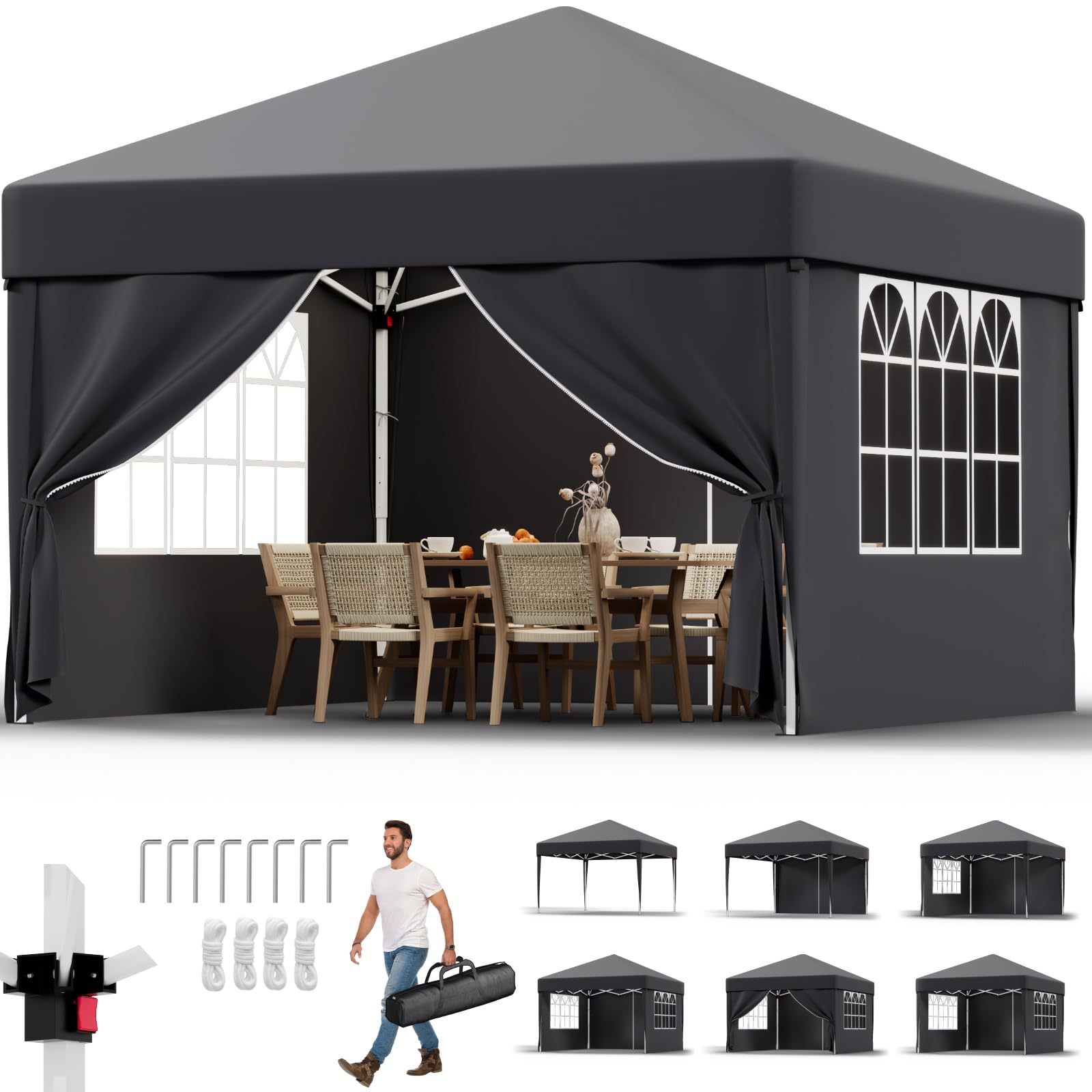 JUMMICO Pavillon 3x3 - Wasserdicht & Stabil - Verstellbare Höhe - UV Schutz 50+ - Faltzelt für Garten, Innenhof, Camping